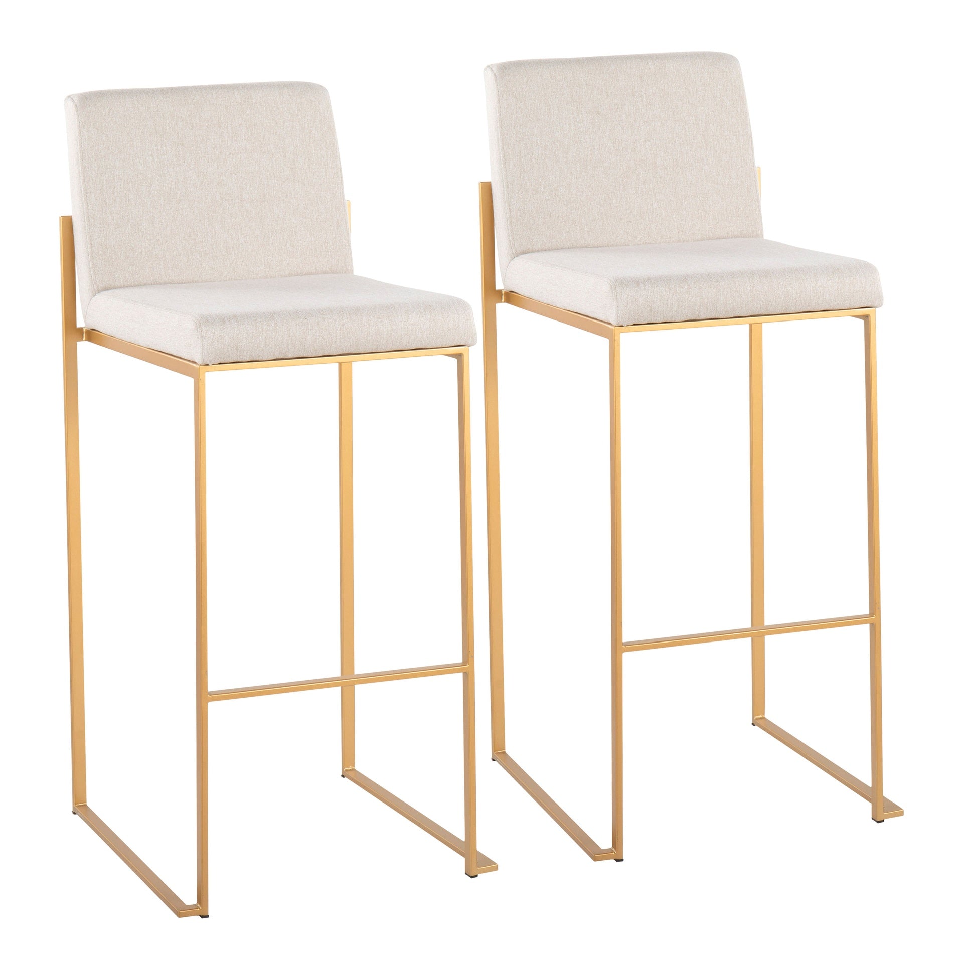 Fuji Contemporary High Back Barstool in Gold Steel and Beige Fabric by LumiSource - Set of 2