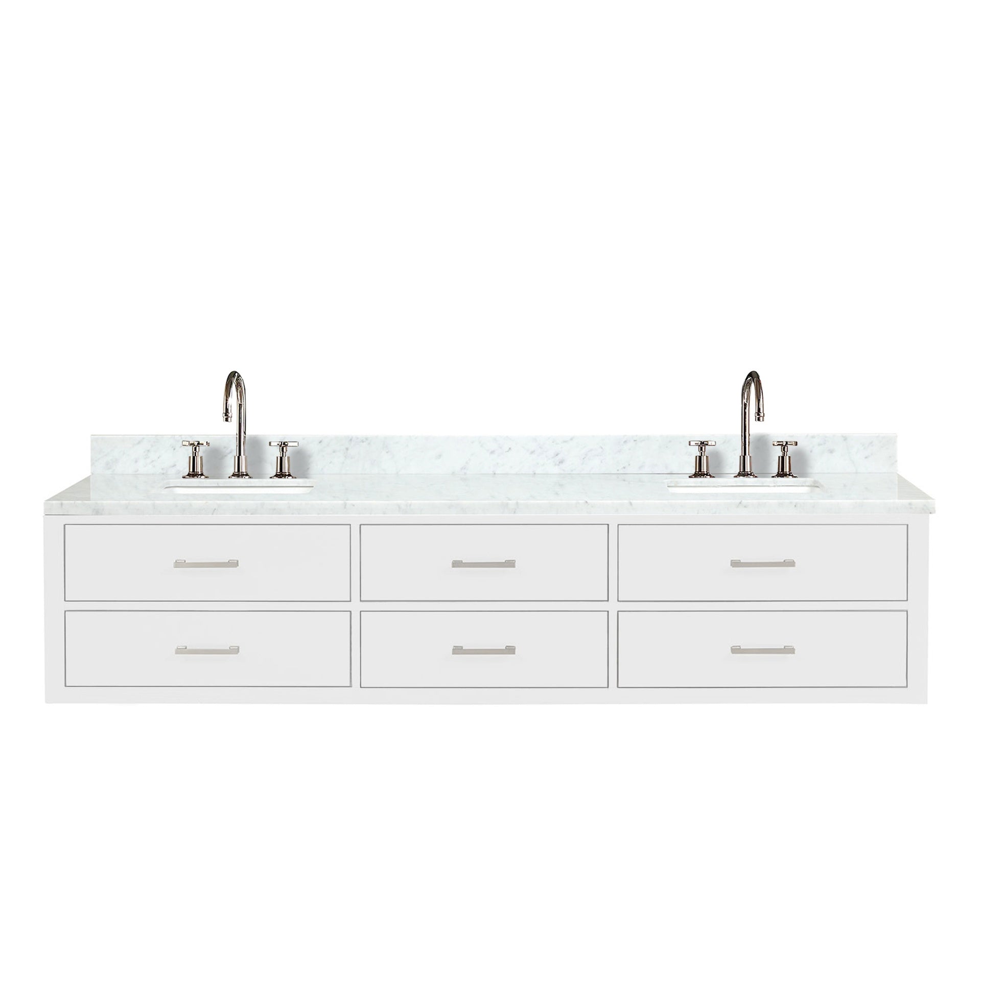White Double Bath Vanity 84 in. W x 22 in. D, Carrara Marble Top, and Faucet Set