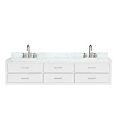 White Double Bath Vanity 84 in. W x 22 in. D, Carrara Marble Top, and Faucet Set
