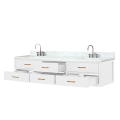 White Double Bath Vanity 84 in. W x 22 in. D, Carrara Marble Top, and Faucet Set
