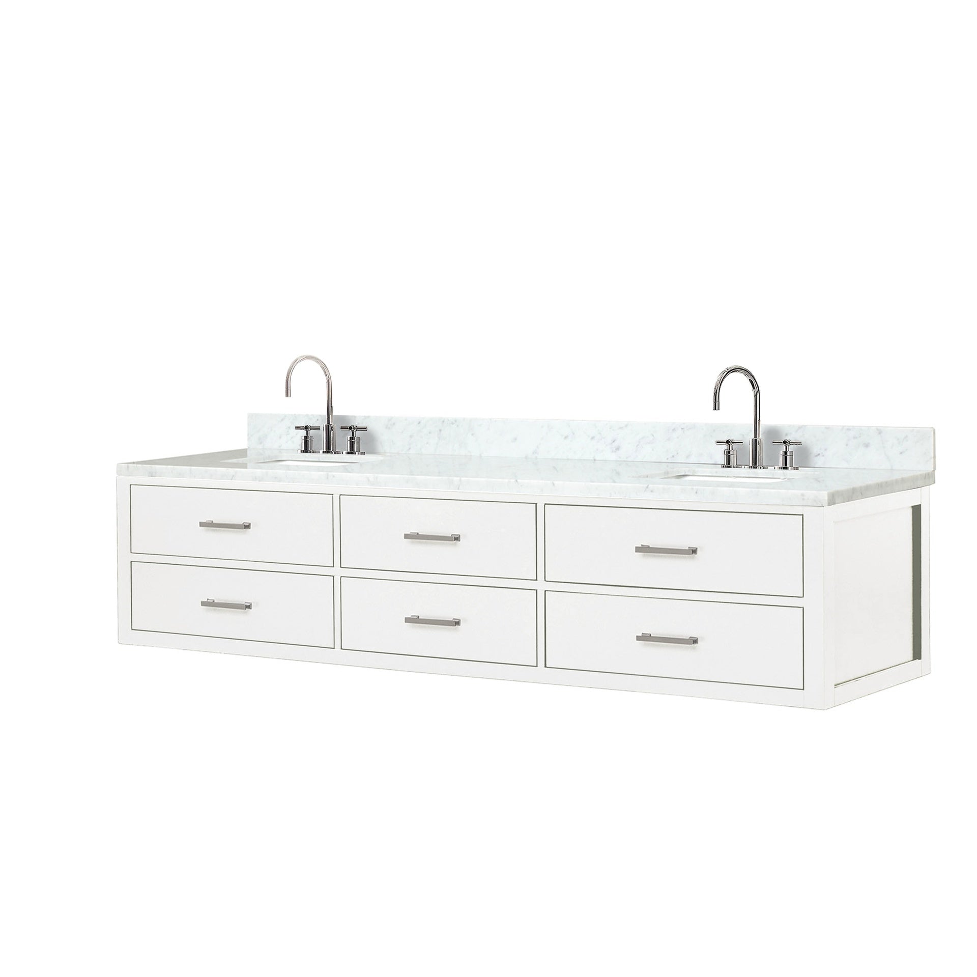 White Double Bath Vanity 84 in. W x 22 in. D, Carrara Marble Top, and Faucet Set