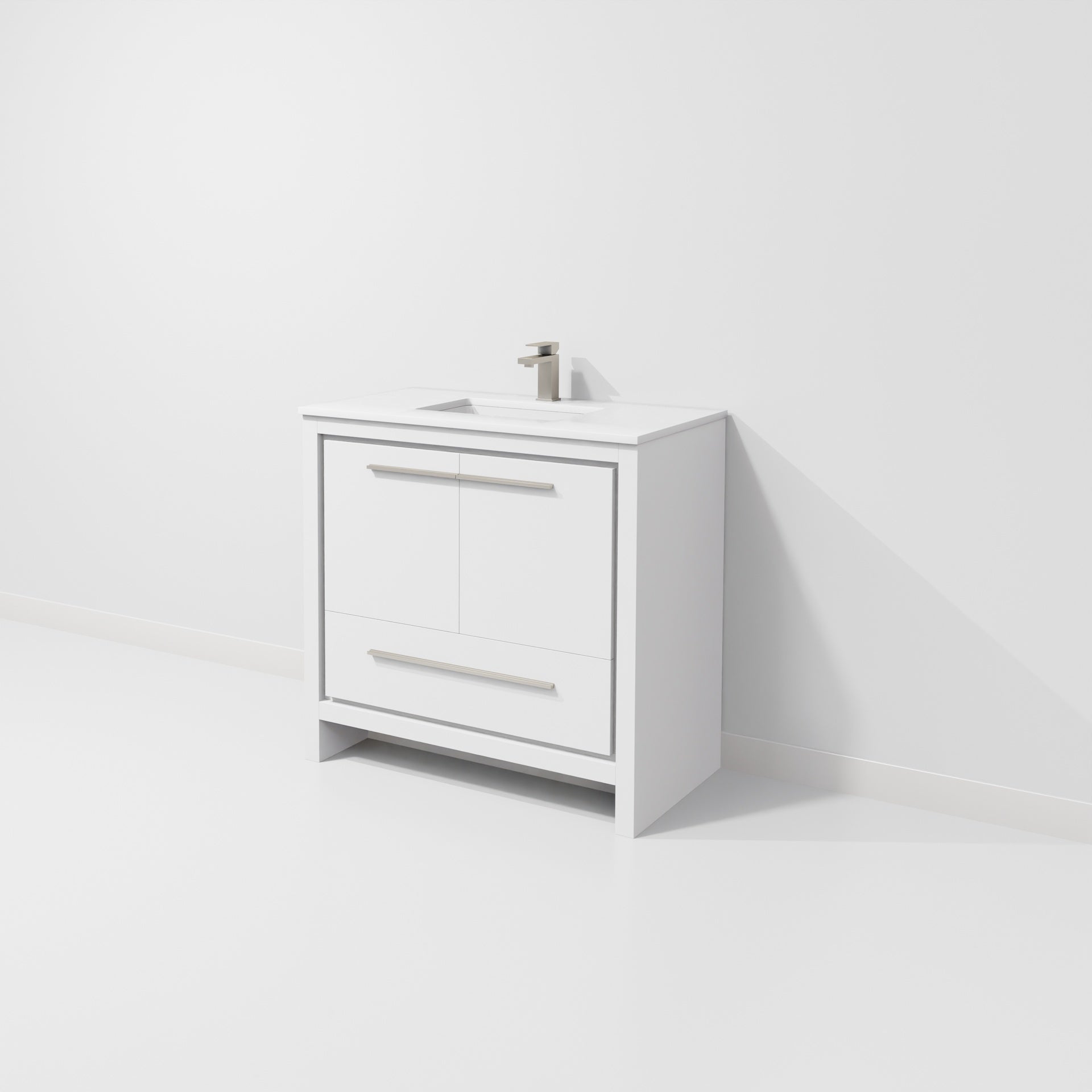 White Bath Vanity 36 in. W x 20 in. D, White Quartz Top and Gun Metal Faucet Set