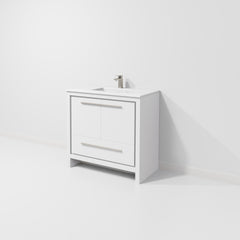 White Bath Vanity 36 in. W x 20 in. D, White Quartz Top and Gun Metal Faucet Set
