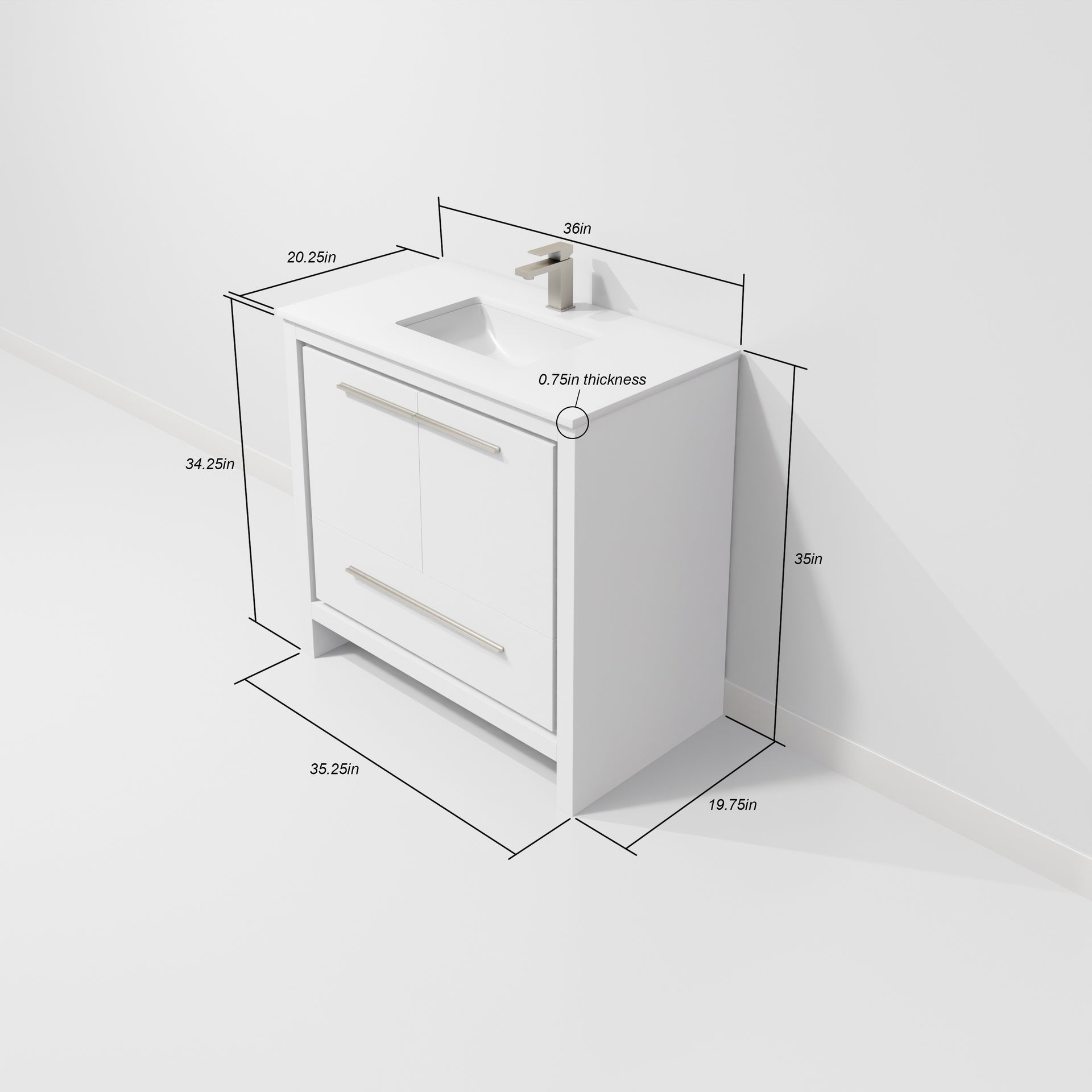 White Bath Vanity 36 in. W x 20 in. D, White Quartz Top and Gun Metal Faucet Set