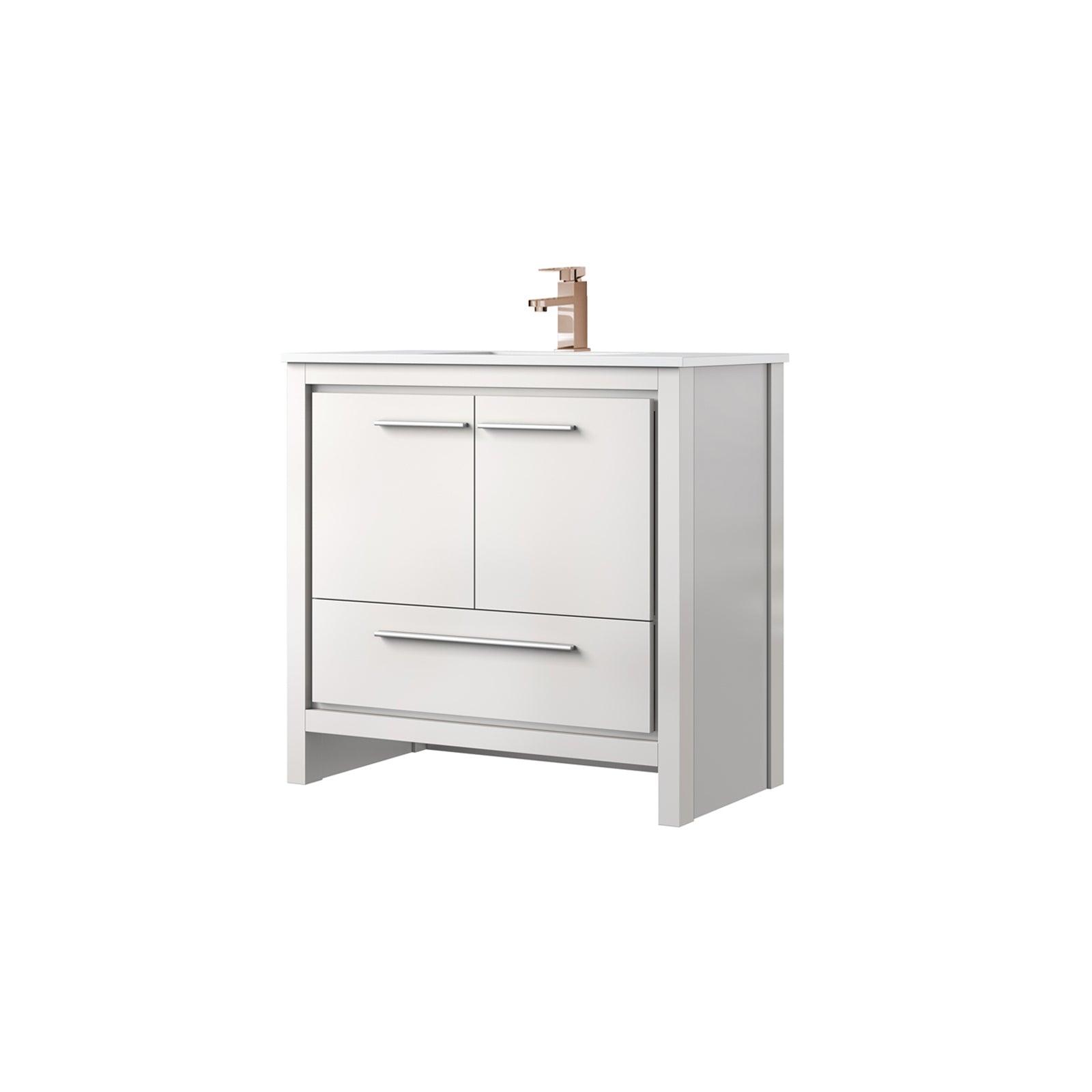 White Bath Vanity 36 in. W x 20 in. D, Cultured Marble Top and Rose Gold Faucet Set
