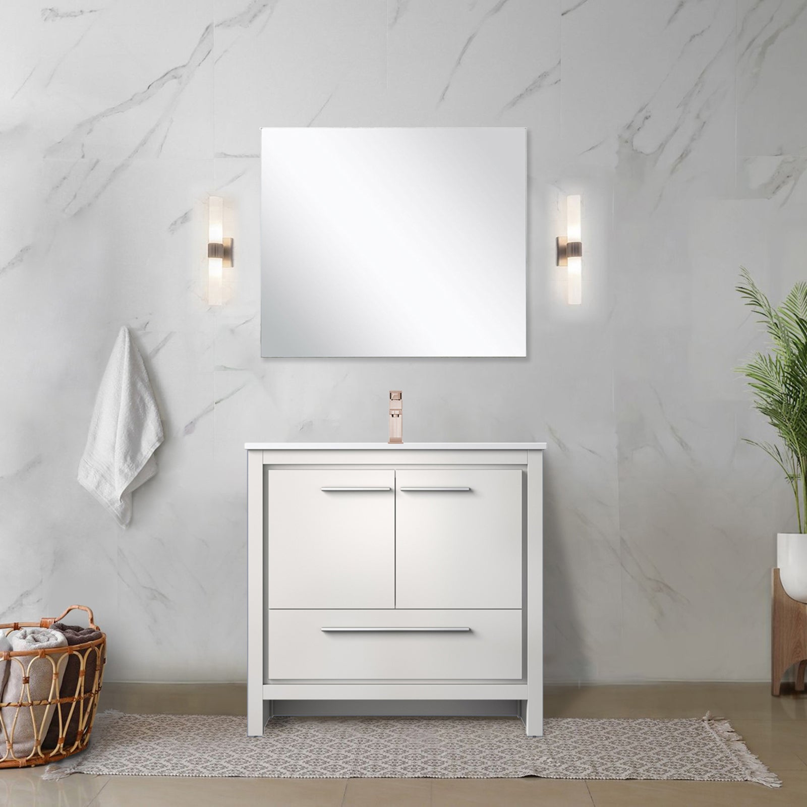 White Bath Vanity 36 in. W x 20 in. D, Cultured Marble Top and Rose Gold Faucet Set