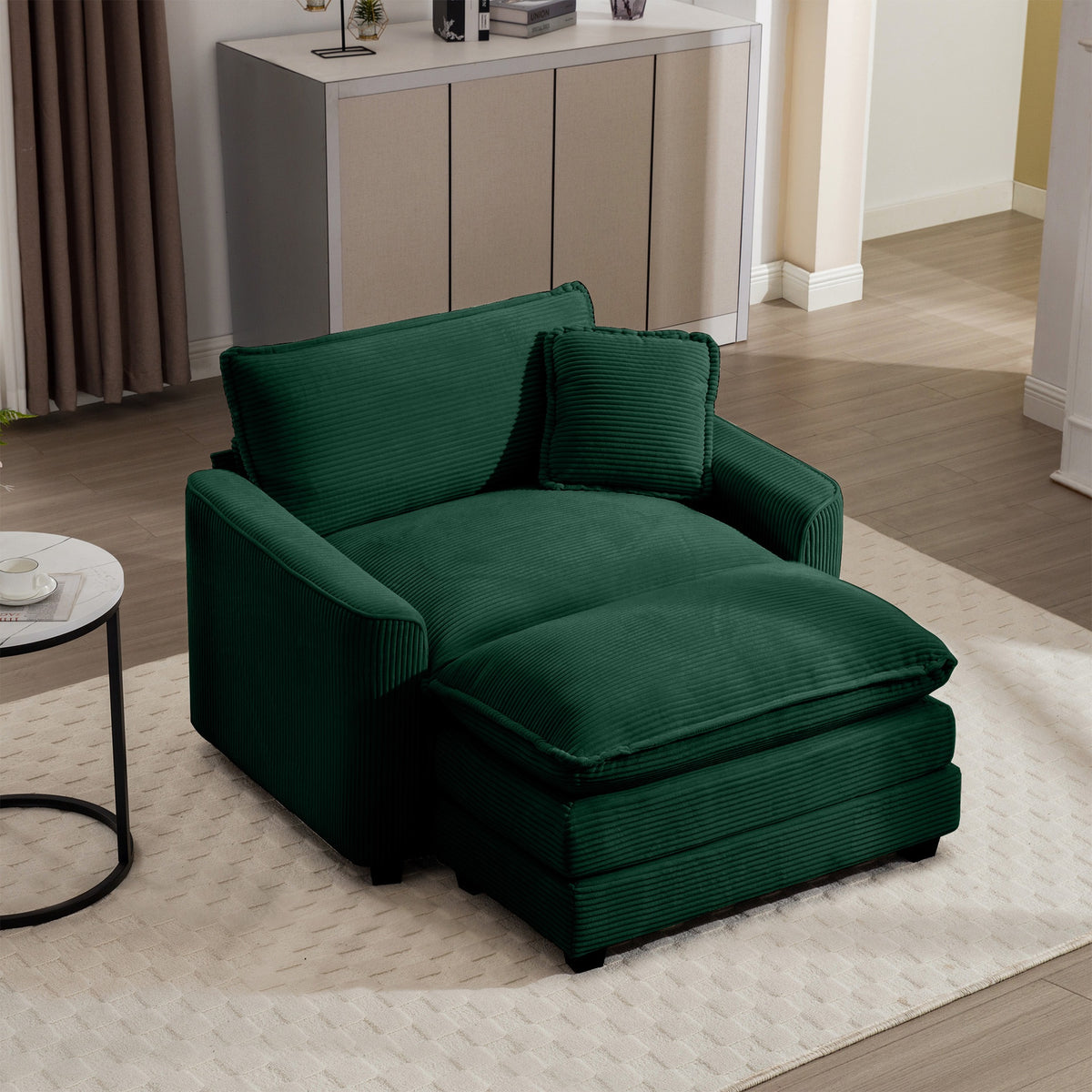 Comfortable Single Chair Deep Seat Sofa With Footstool With One Pillow, Suitable for Living Room and Bedroom, Club Multiple Occasions, Green Corduroy Fabric