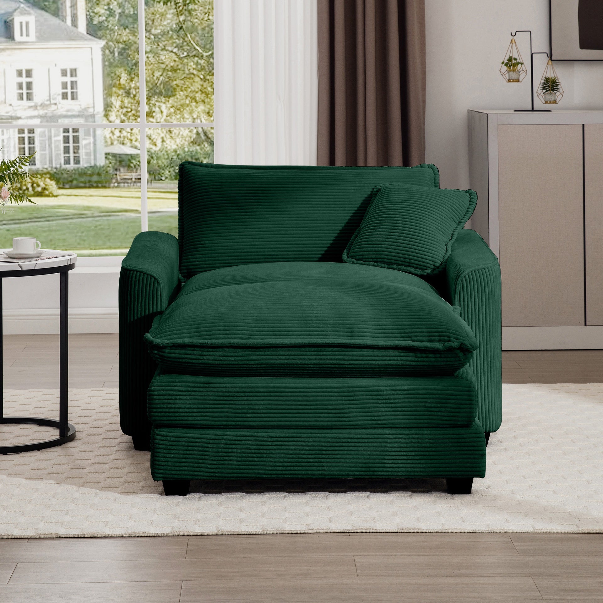 Comfortable Single Chair Deep Seat Sofa With Footstool With One Pillow, Suitable for Living Room and Bedroom, Club Multiple Occasions, Green Corduroy Fabric