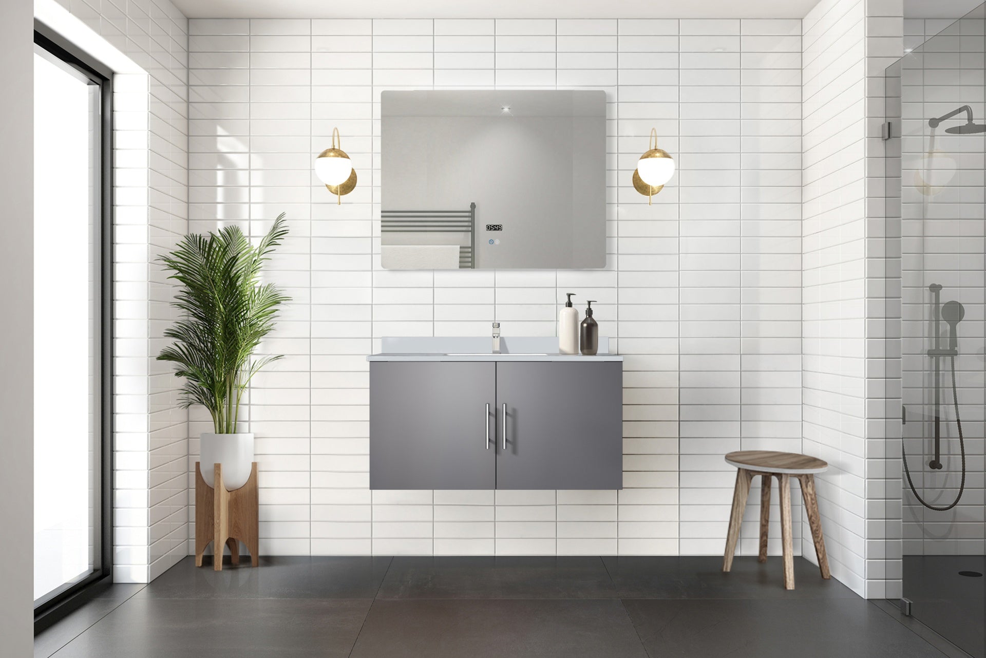 Dark Grey Bath Vanity 36 in. W x 22 in. D, White Quartz Top, Faucet Set, and 36 in. LED Mirror