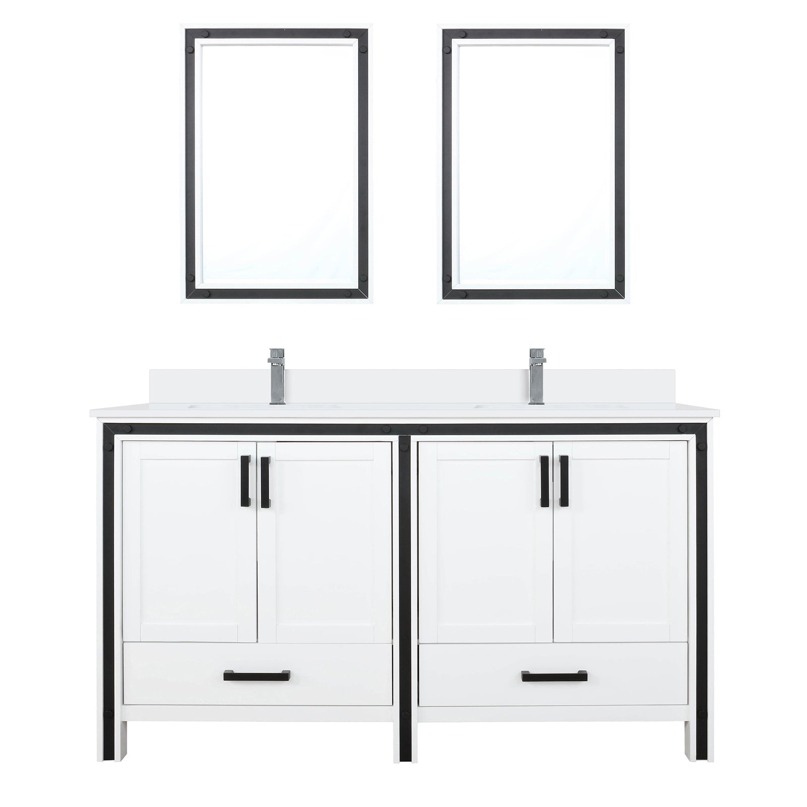 White Double Bath Vanity 60 in. W x 22 in. D, White Quartz Top, Faucet Set and 22 in. Mirrors