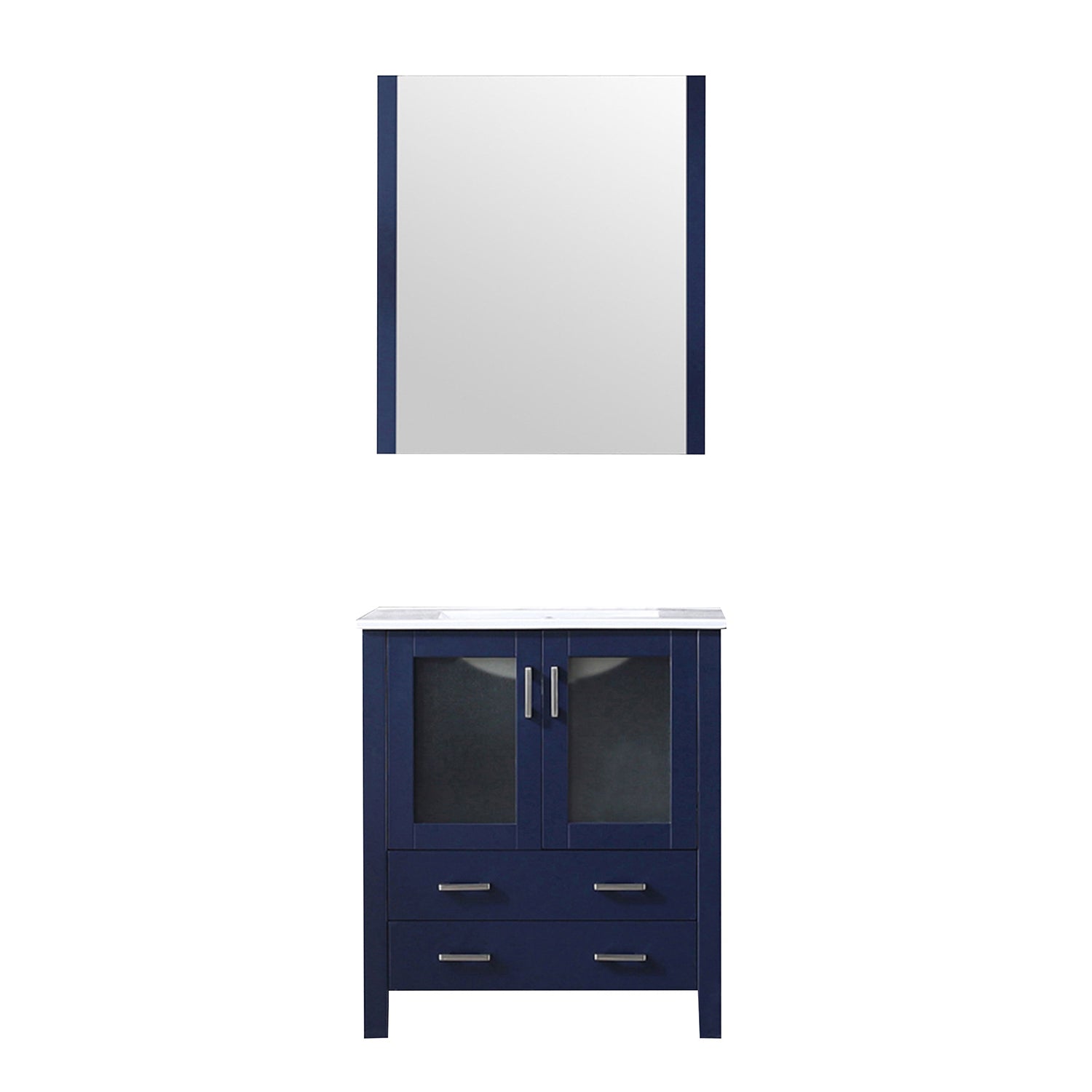 Navy Blue Bath Vanity 30 in. W x 18.25 in. D, White Ceramic Top, and 28 in. Mirror