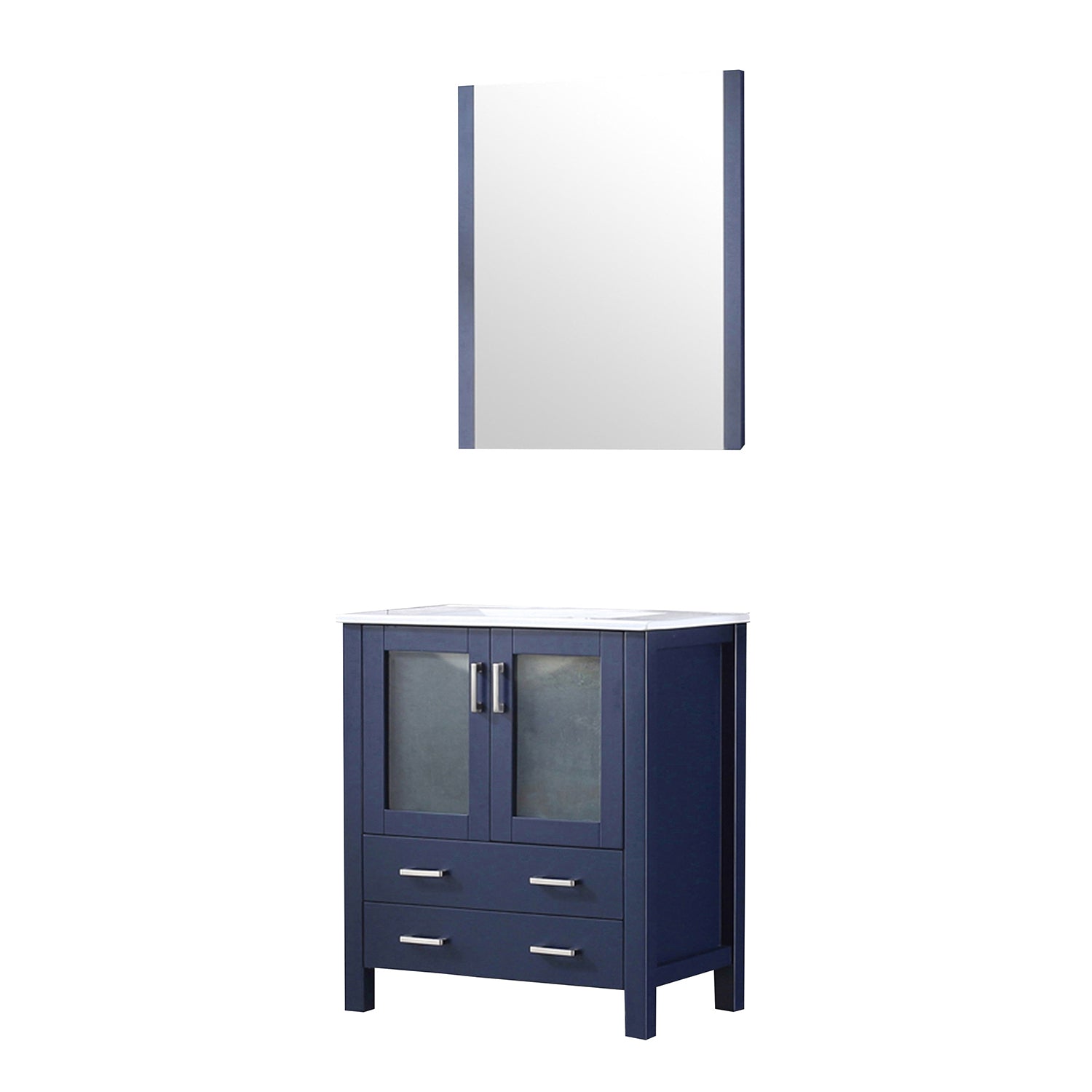 Navy Blue Bath Vanity 30 in. W x 18.25 in. D, White Ceramic Top, and 28 in. Mirror