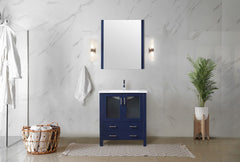 Navy Blue Bath Vanity 30 in. W x 18.25 in. D, White Ceramic Top, and 28 in. Mirror