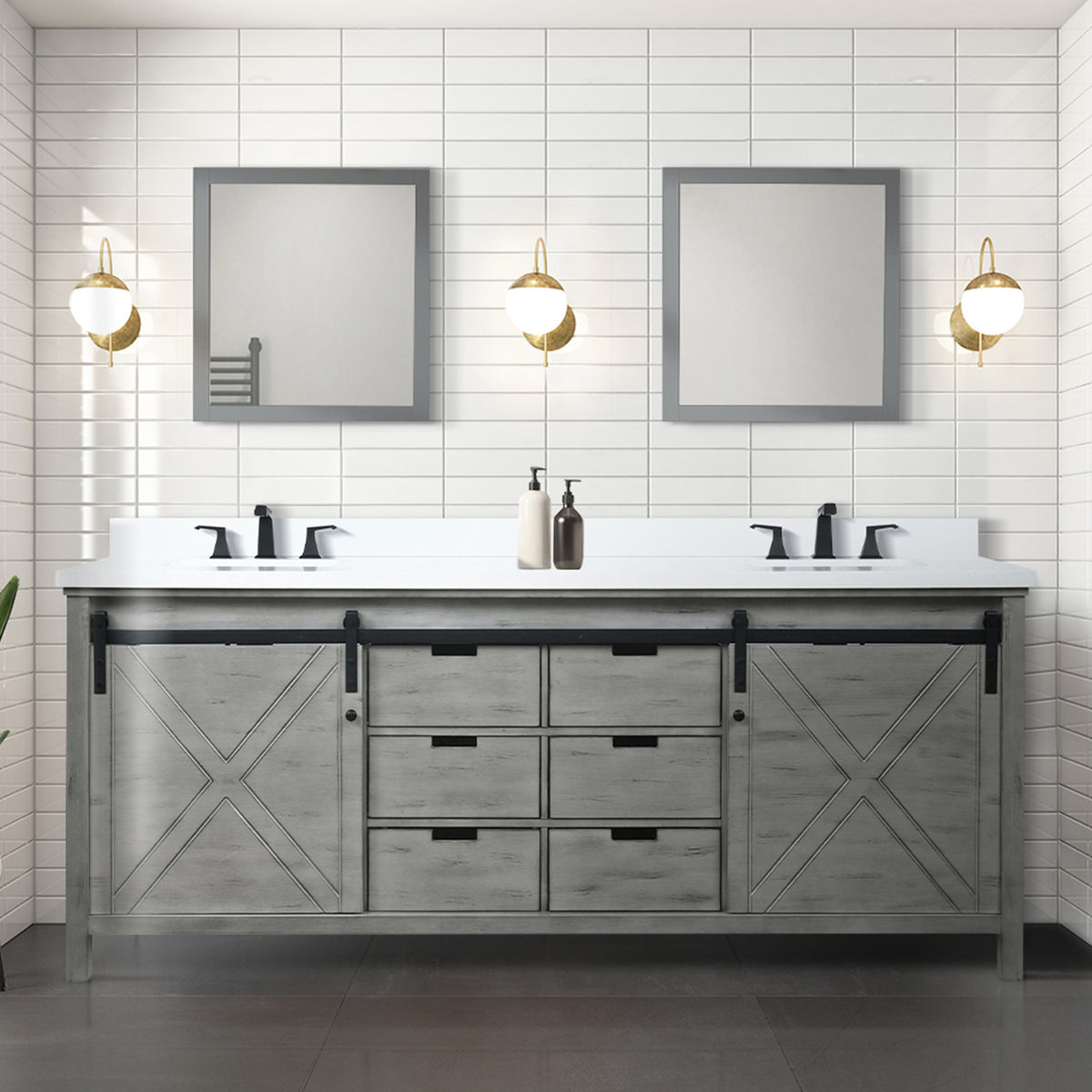 Ash Grey Double Bath Vanity 84 in. W x 22 in. D, with White Quartz Countertop