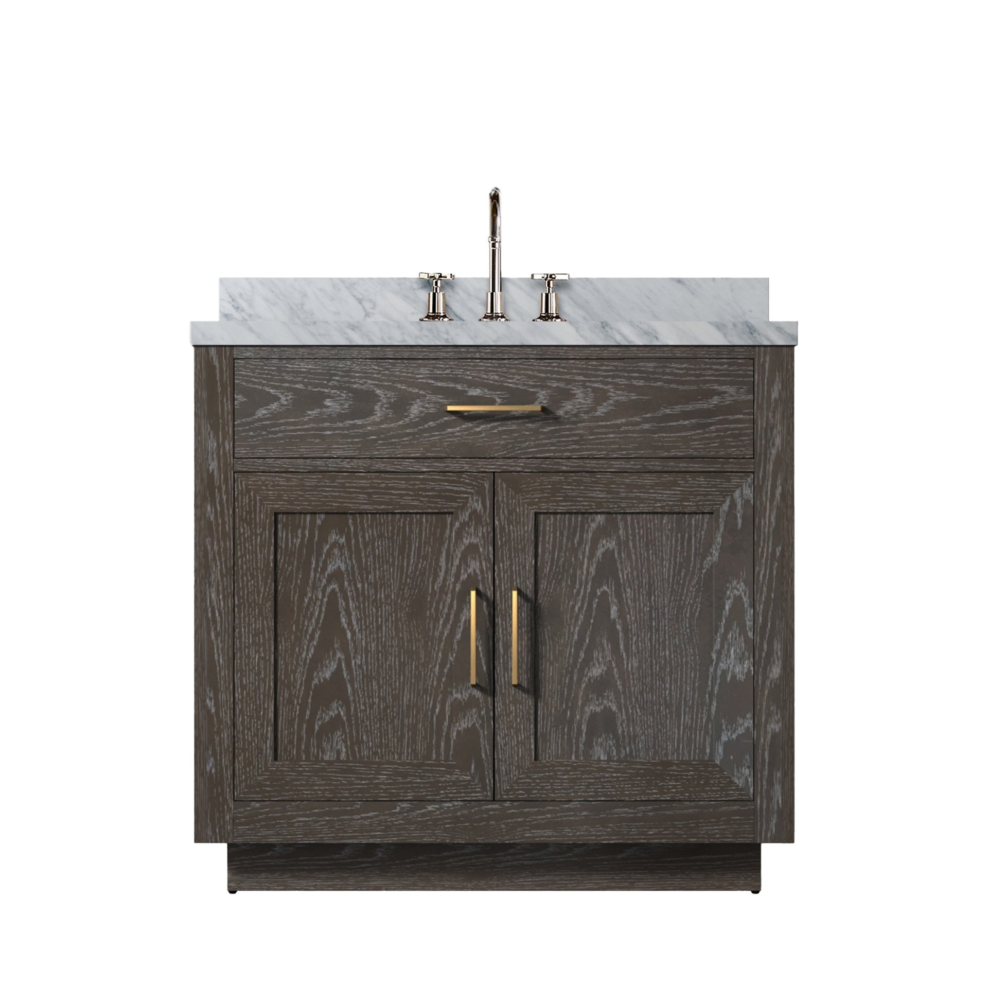 Brown Oak Single Bath Vanity 36 in. W x 22 in. D, Carrara Marble Top, and Faucet Set