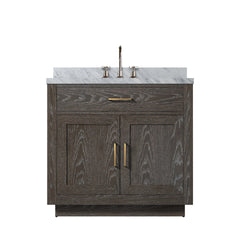Brown Oak Single Bath Vanity 36 in. W x 22 in. D, Carrara Marble Top, and Faucet Set