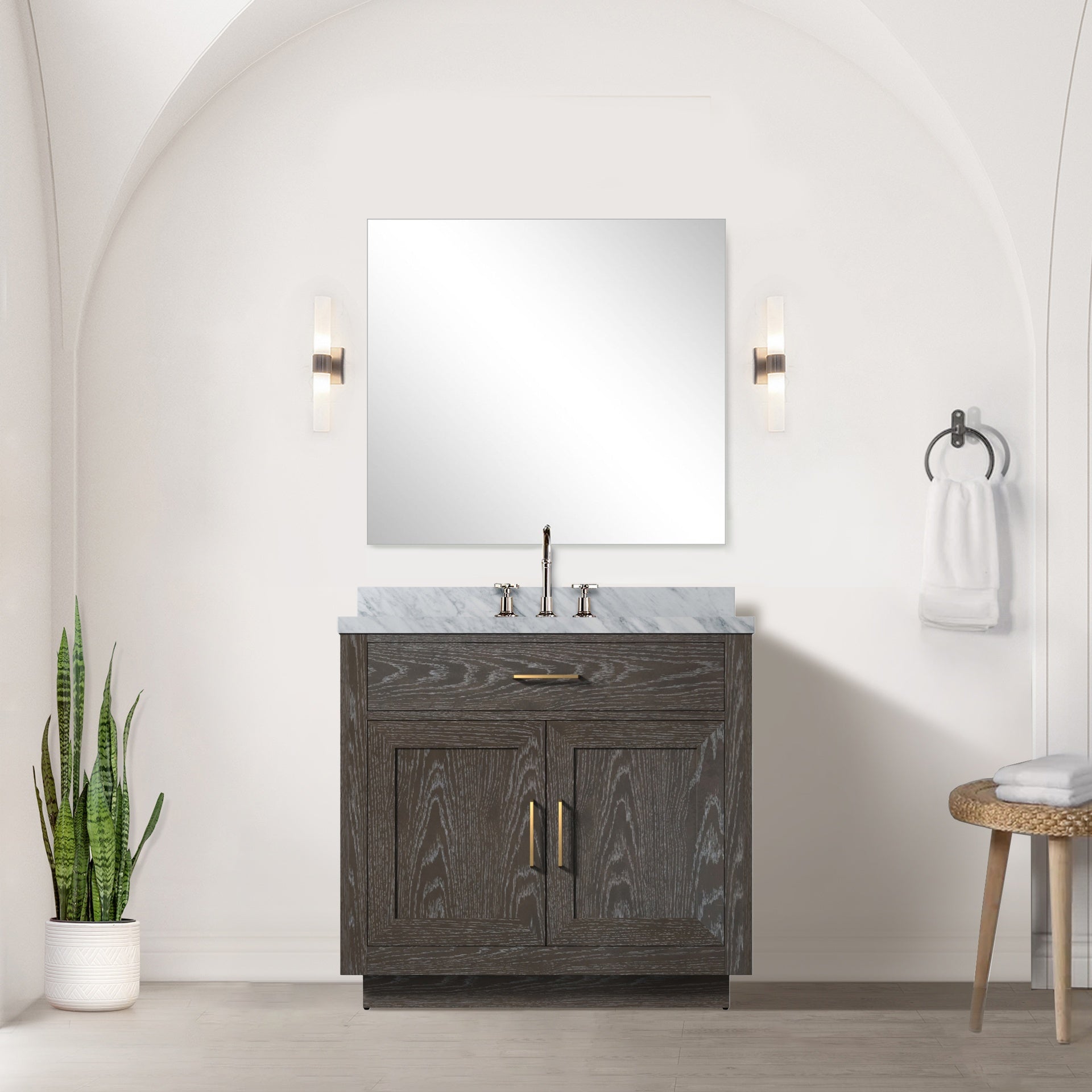 Brown Oak Single Bath Vanity 36 in. W x 22 in. D, Carrara Marble Top, and Faucet Set
