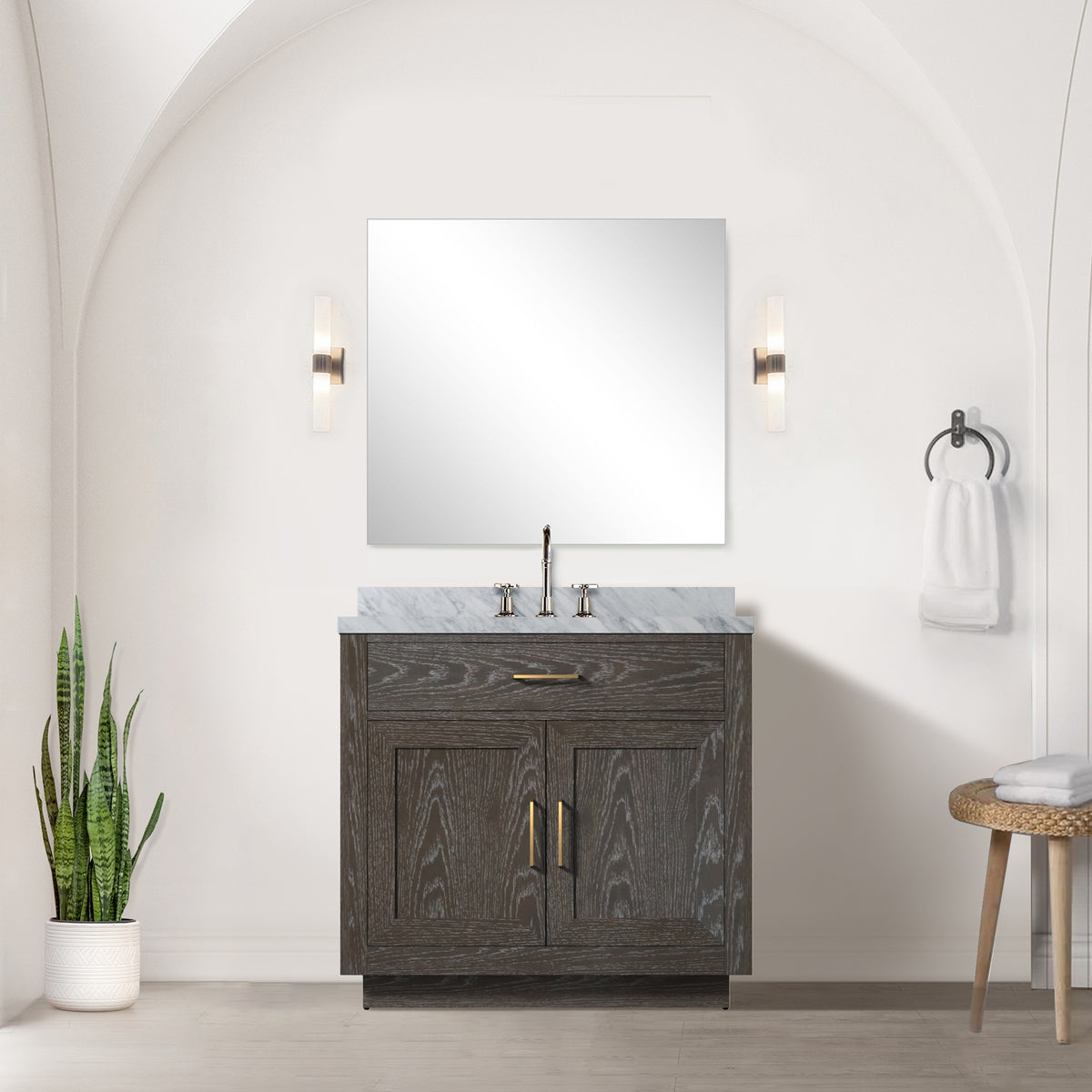 Brown Oak Single Bath Vanity 36 in. W x 22 in. D, Carrara Marble Top, and Faucet Set