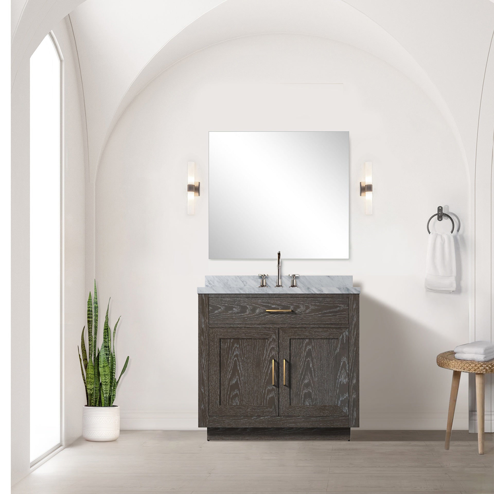 Brown Oak Single Bath Vanity 36 in. W x 22 in. D, Carrara Marble Top, and Faucet Set