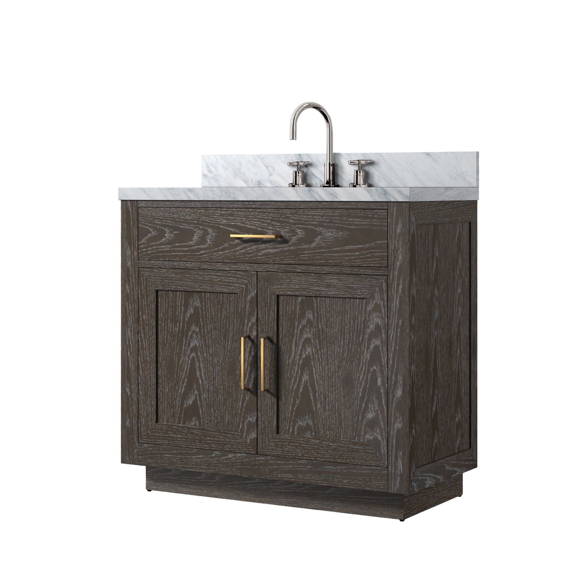 Brown Oak Single Bath Vanity 36 in. W x 22 in. D, Carrara Marble Top, and Faucet Set