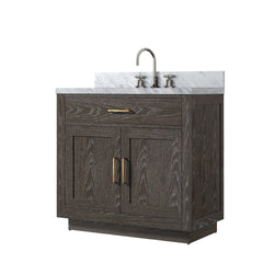 Brown Oak Single Bath Vanity 36 in. W x 22 in. D, Carrara Marble Top, and Faucet Set