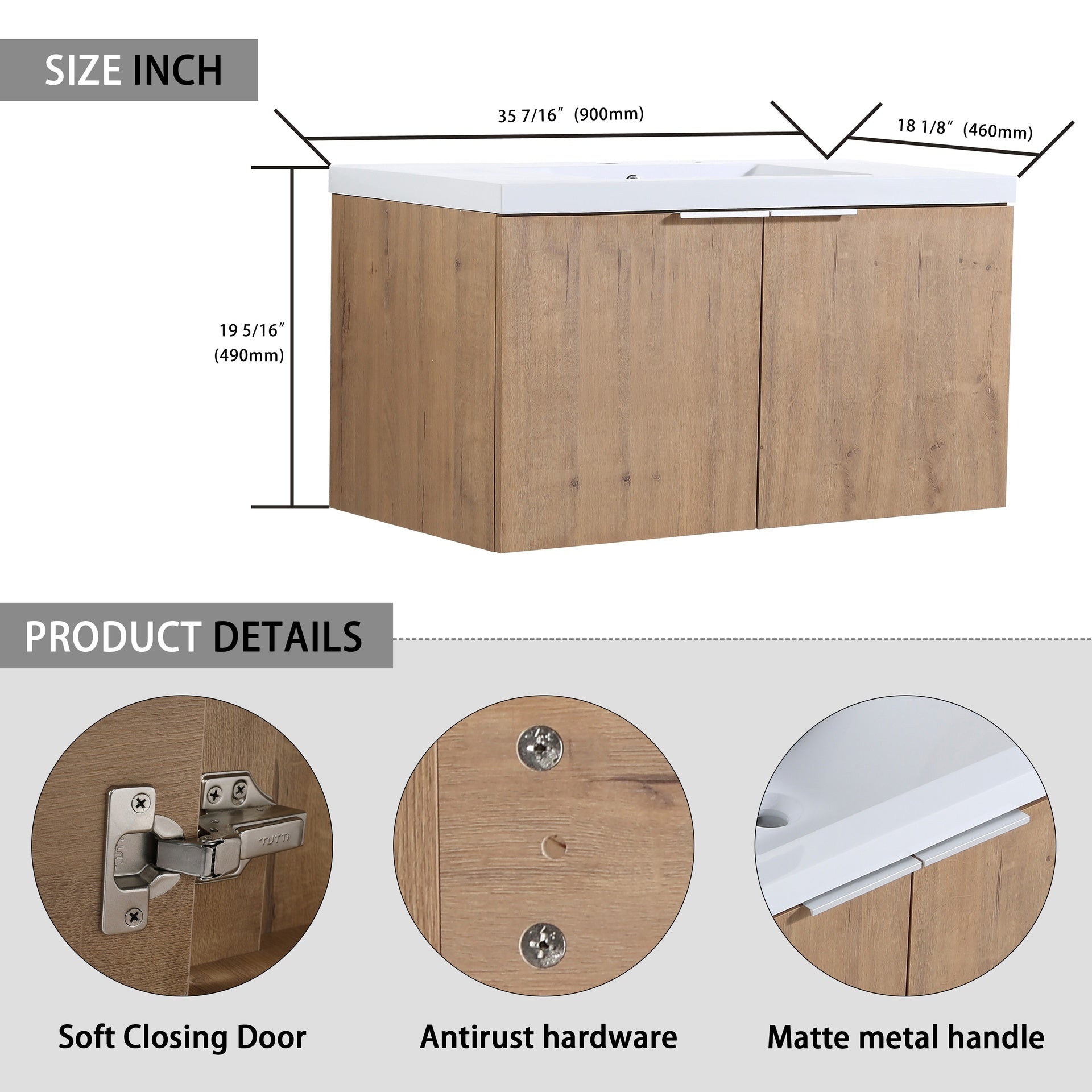 84" Wall-Mounted Bathroom Vanity With Sink and Side Cabinet, Soft Close Doors,00112IMO-00636IMOx2-0612GWH Combination Cabinet(KD-Packing)