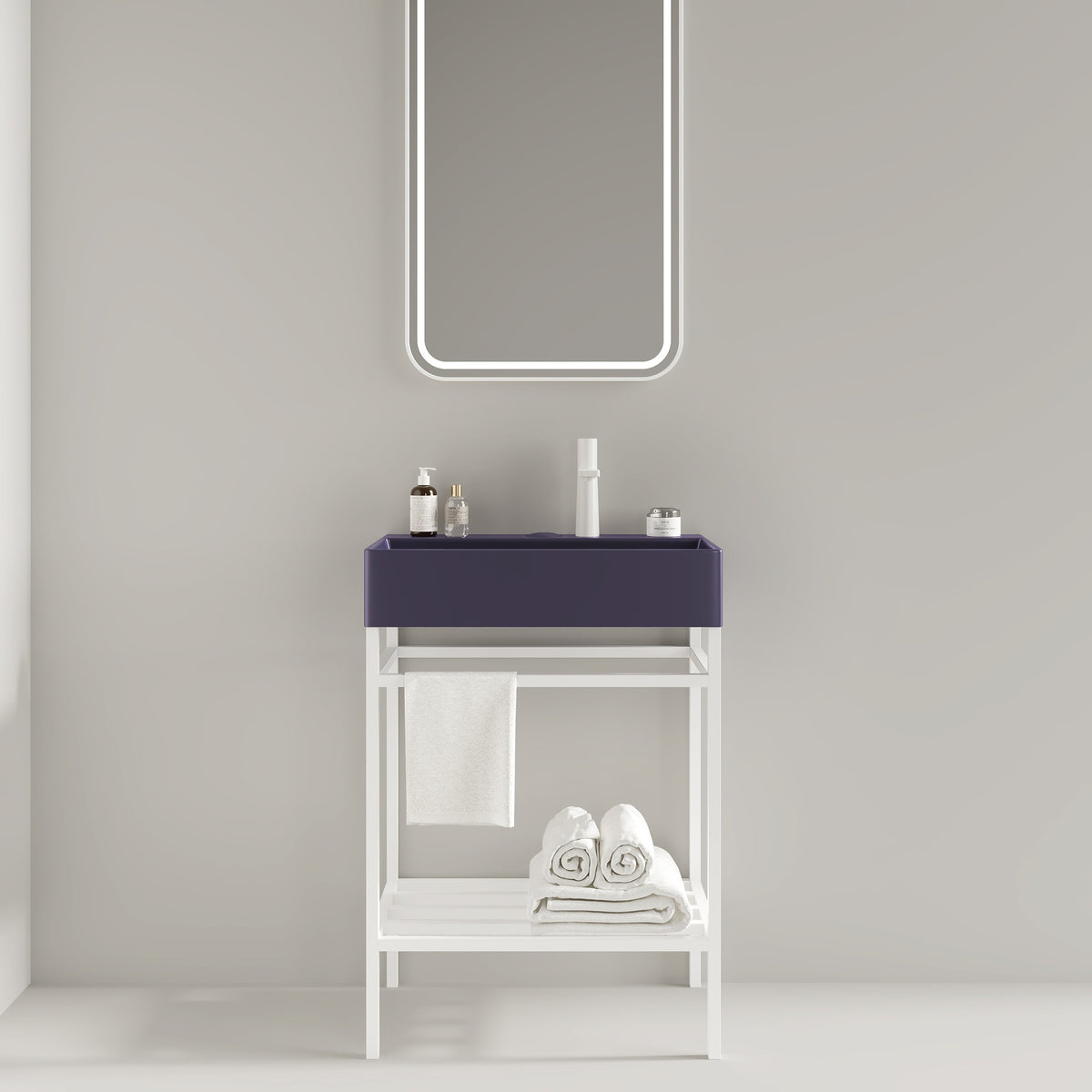LOFI 24" Bathroom Vanity with Ceramic Basin, Freestanding Bathroom Console Sink Set, Glossy Purple Rectangular Ceramic Basin without Faucet, Open Metal Leg, Storage Shelves, White Color