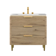AMARA 36'' Bathroom Vanity with Sink, Freestanding Curved Edges Plywood Bathroom Storage Cabinet with 3 Drawers, Carrara White Sintered Stone Integrated Basin, Pre-assembled, White Oak Woodgrain Color
