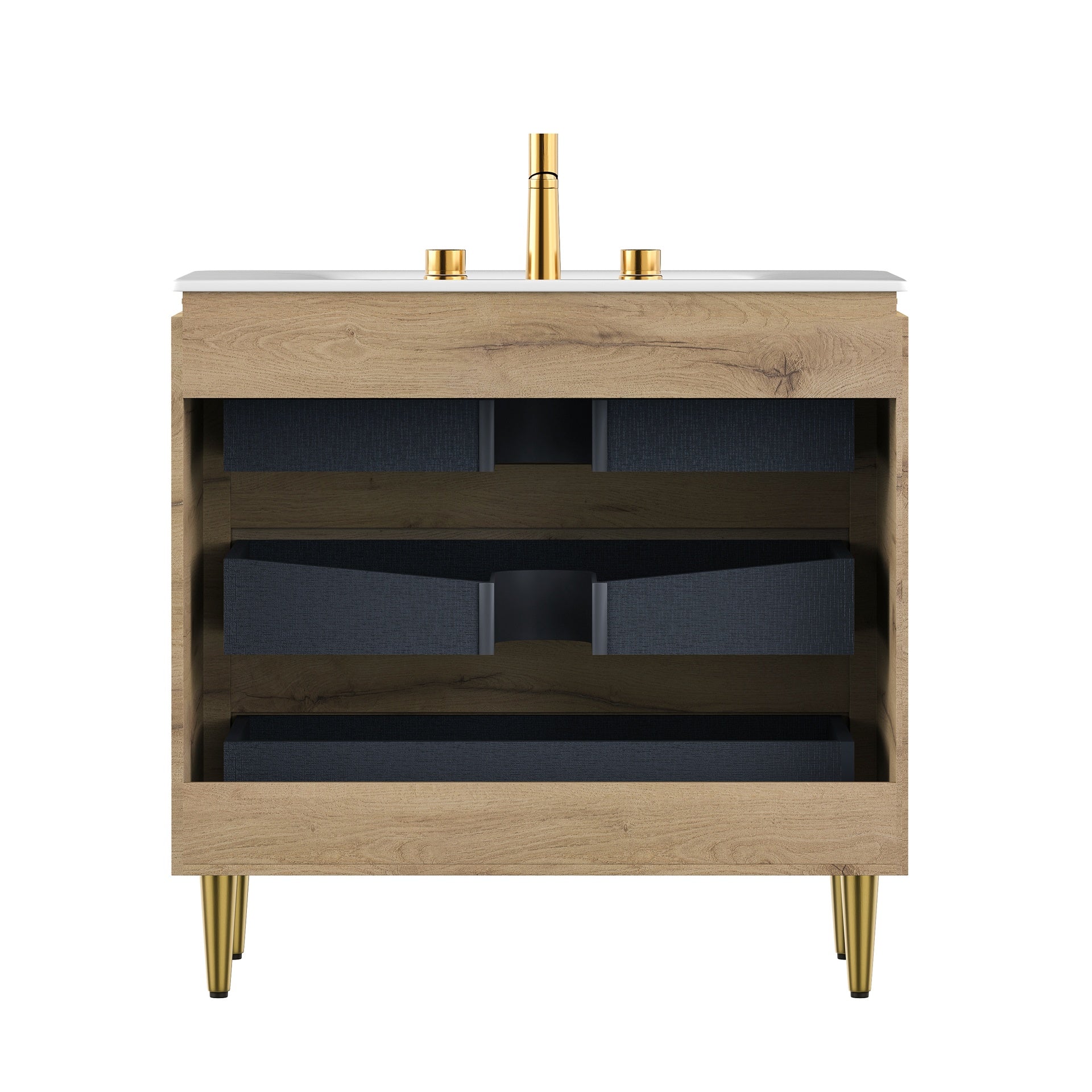 AMARA 36'' Bathroom Vanity with Sink, Freestanding Curved Edges Plywood Bathroom Storage Cabinet with 3 Drawers, Carrara White Sintered Stone Integrated Basin, Pre-assembled, White Oak Woodgrain Color