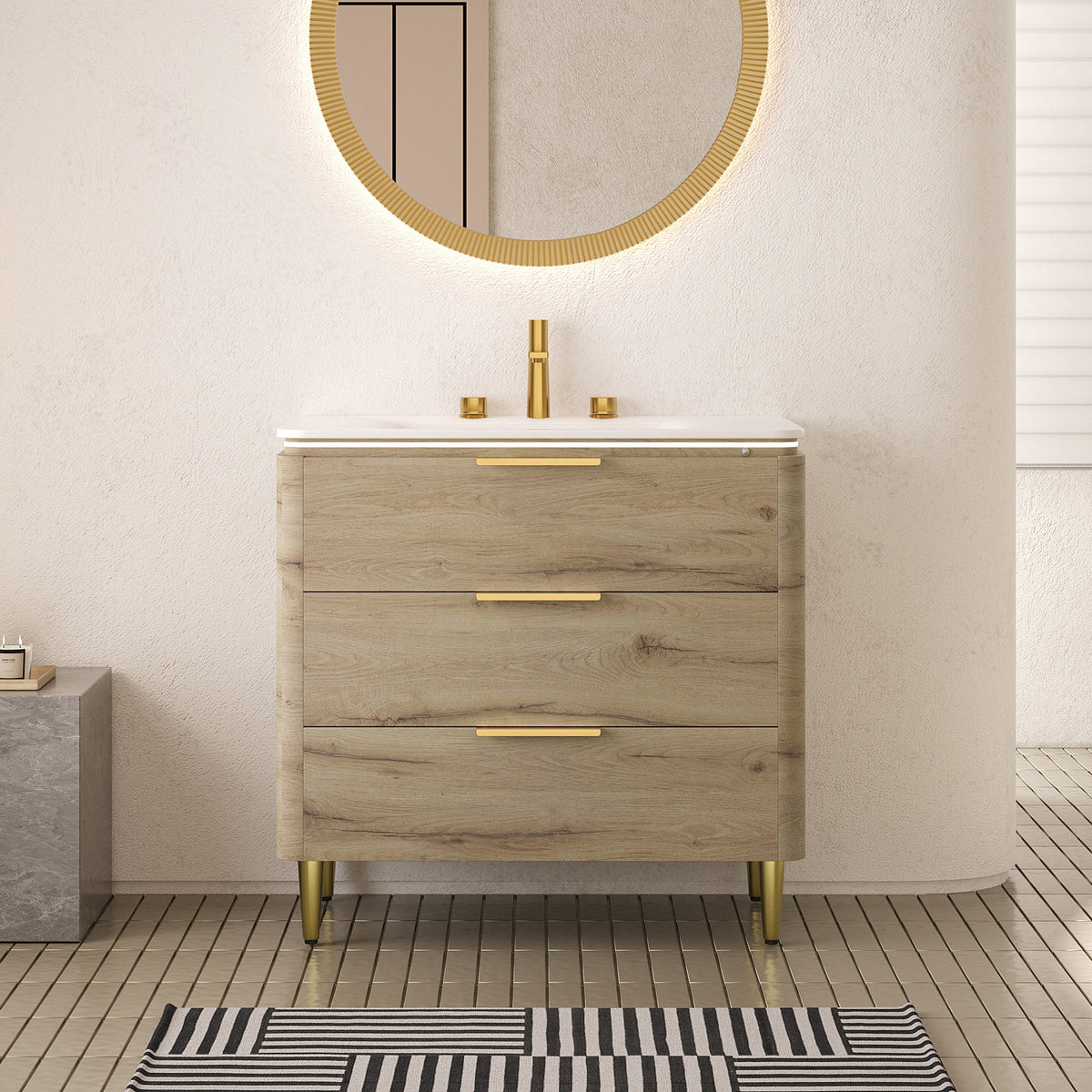 AMARA 36'' Bathroom Vanity with Sink, Freestanding Curved Edges Plywood Bathroom Storage Cabinet with 3 Drawers, Carrara White Sintered Stone Integrated Basin, Pre-assembled, White Oak Woodgrain Color