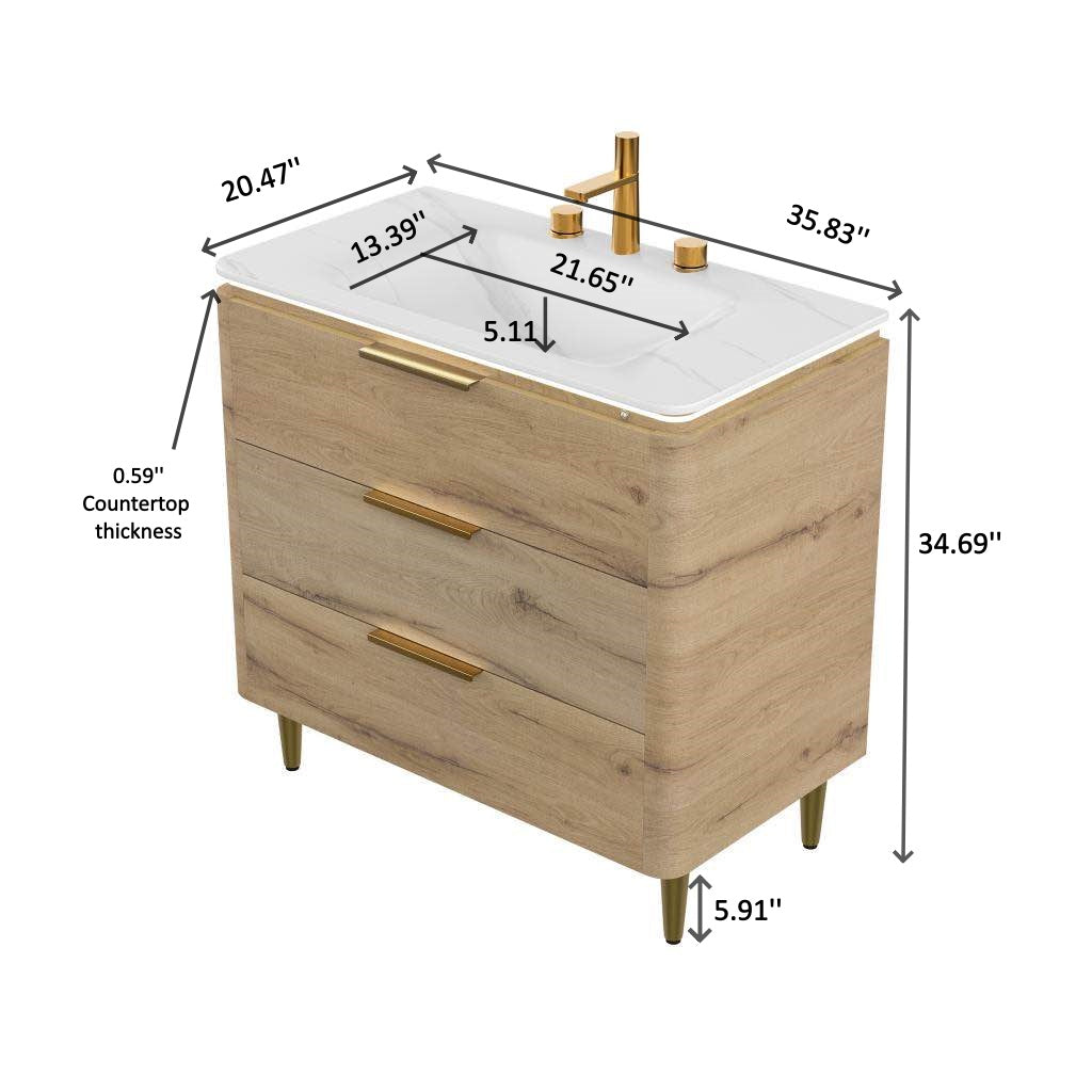 AMARA 36'' Bathroom Vanity with Sink, Freestanding Curved Edges Plywood Bathroom Storage Cabinet with 3 Drawers, Carrara White Sintered Stone Integrated Basin, Pre-assembled, White Oak Woodgrain Color