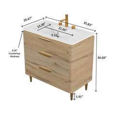 AMARA 36'' Bathroom Vanity with Sink, Freestanding Curved Edges Plywood Bathroom Storage Cabinet with 3 Drawers, Carrara White Sintered Stone Integrated Basin, Pre-assembled, White Oak Woodgrain Color