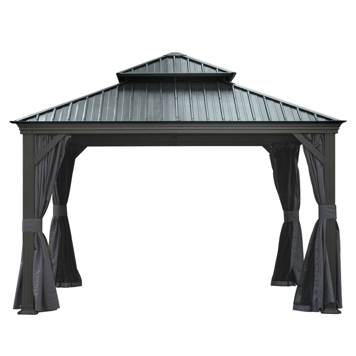 12' X 12' Hardtop Gazebo, Upgraded Metal Gazebo with Drainage System, Dual-Layer Galvanized Steel Roof, Curtain and Netting, Outdoor Shelter Canopy for Patio, Garden, and Backyard, Grey