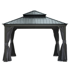 12' X 12' Hardtop Gazebo, Upgraded Metal Gazebo with Drainage System, Dual-Layer Galvanized Steel Roof, Curtain and Netting, Outdoor Shelter Canopy for Patio, Garden, and Backyard, Grey