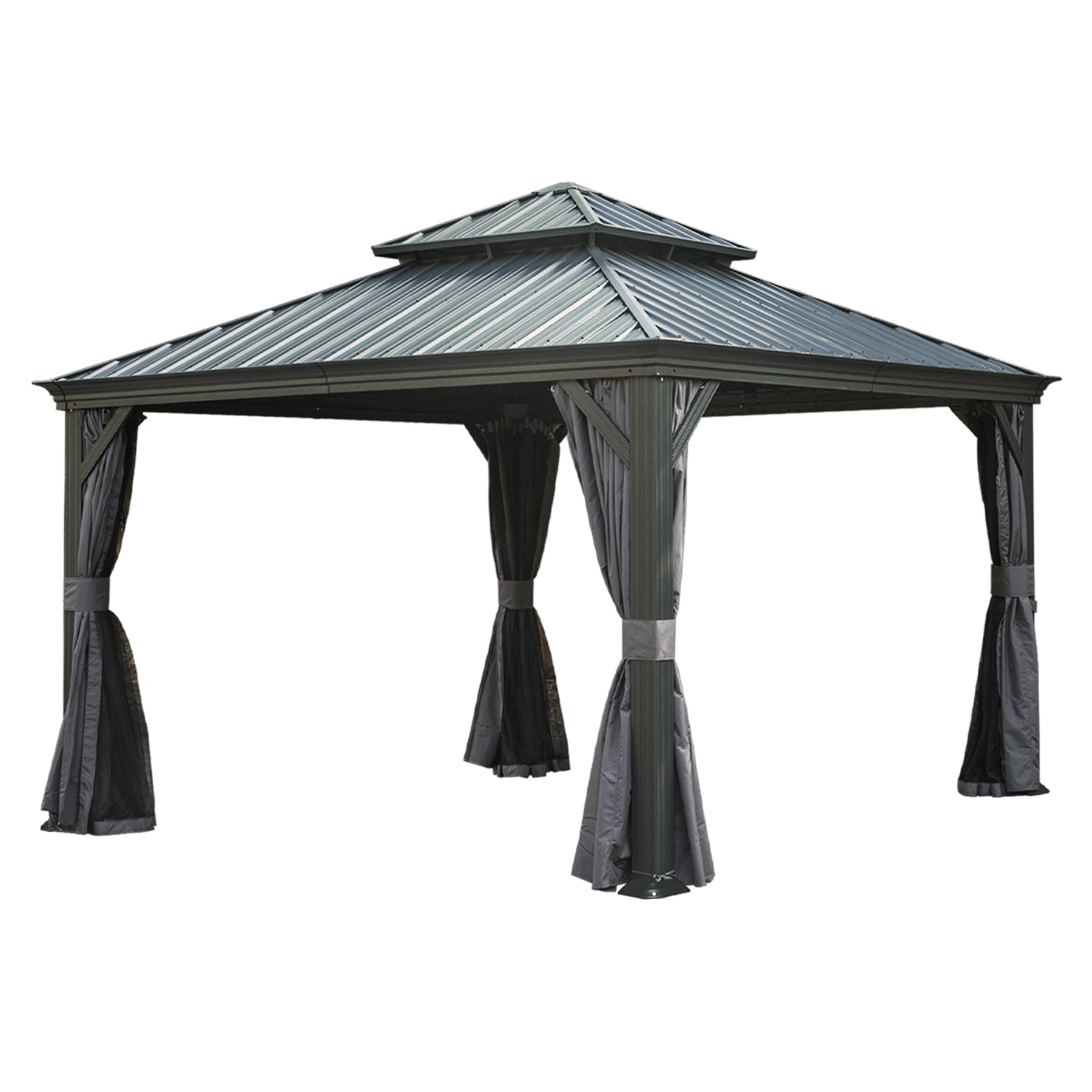 12' X 12' Hardtop Gazebo, Upgraded Metal Gazebo with Drainage System, Dual-Layer Galvanized Steel Roof, Curtain and Netting, Outdoor Shelter Canopy for Patio, Garden, and Backyard, Grey