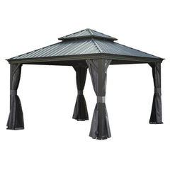12' X 12' Hardtop Gazebo, Upgraded Metal Gazebo with Drainage System, Dual-Layer Galvanized Steel Roof, Curtain and Netting, Outdoor Shelter Canopy for Patio, Garden, and Backyard, Grey