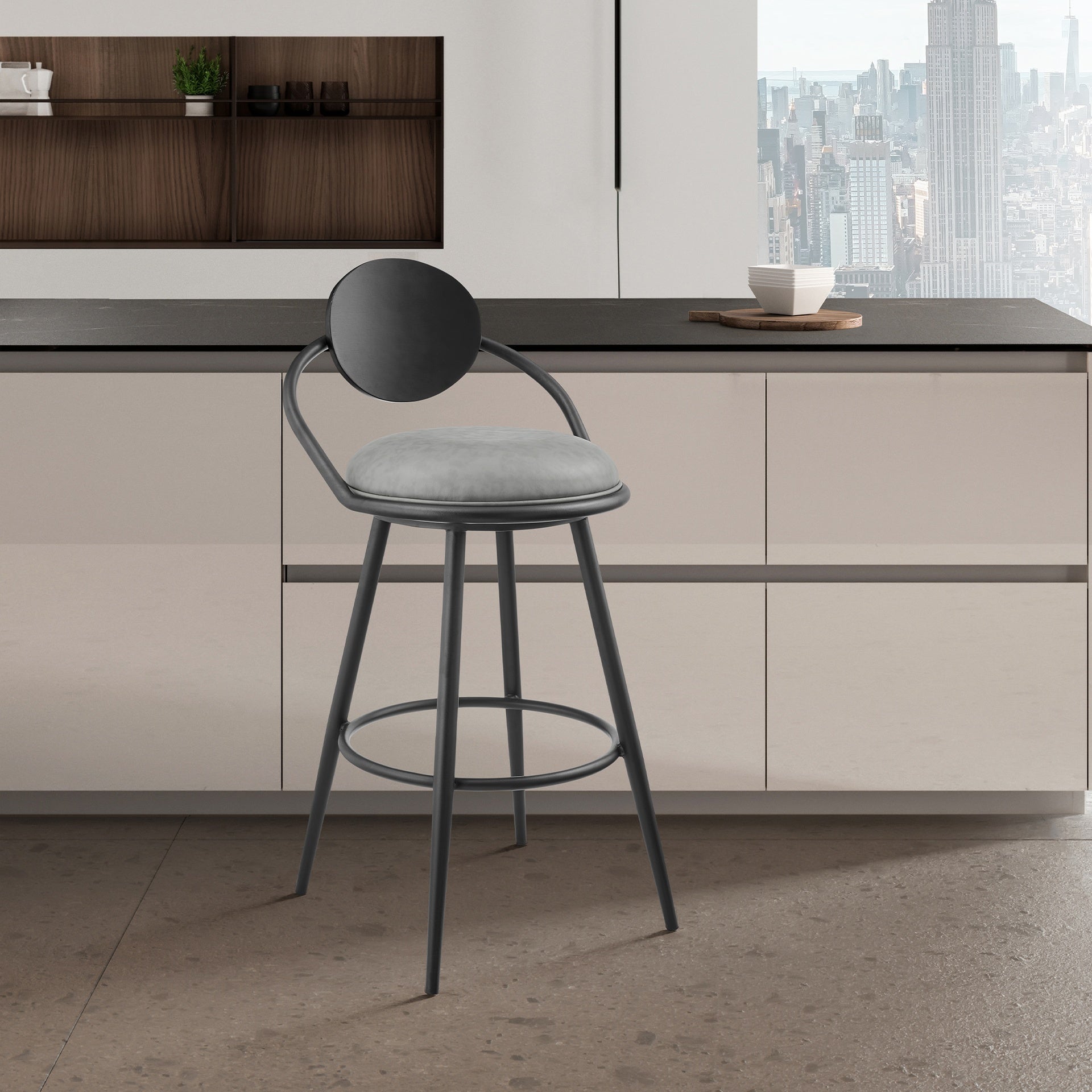Carnation 26" Swivel Counter Stool in Black Iron with Vintage Gray Faux Leather and Black Wood Back
