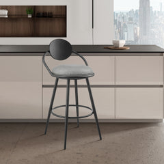 Carnation 26" Swivel Counter Stool in Black Iron with Vintage Gray Faux Leather and Black Wood Back