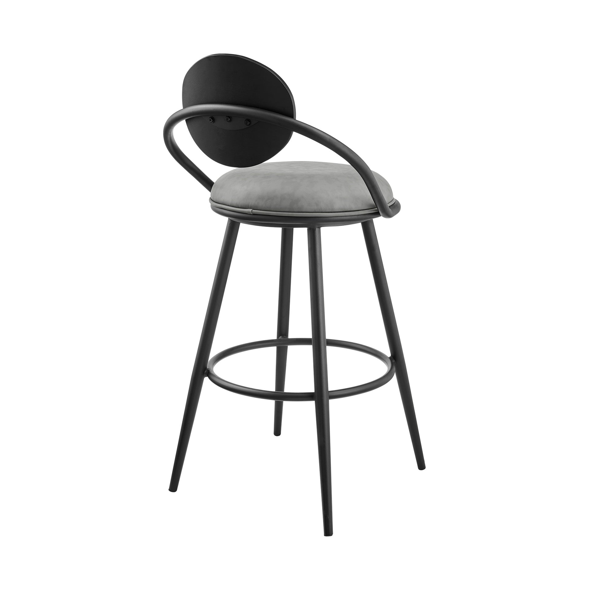 Carnation 26" Swivel Counter Stool in Black Iron with Vintage Gray Faux Leather and Black Wood Back