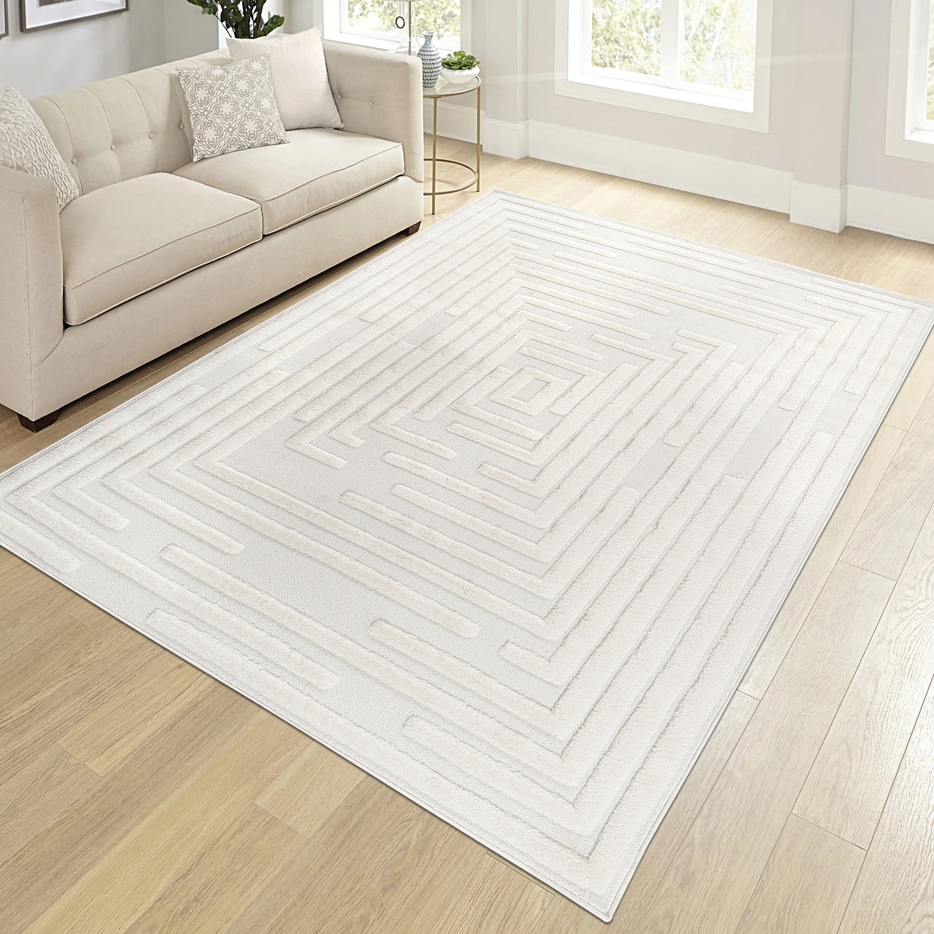 Step Collection High-Low Striped Cream Indoor Area Rug, 6'7''x9', Modern, Contemporary, Geometric, Bohemian, Bedroom, Kitchen, Living Room, Non Shedding Carpet