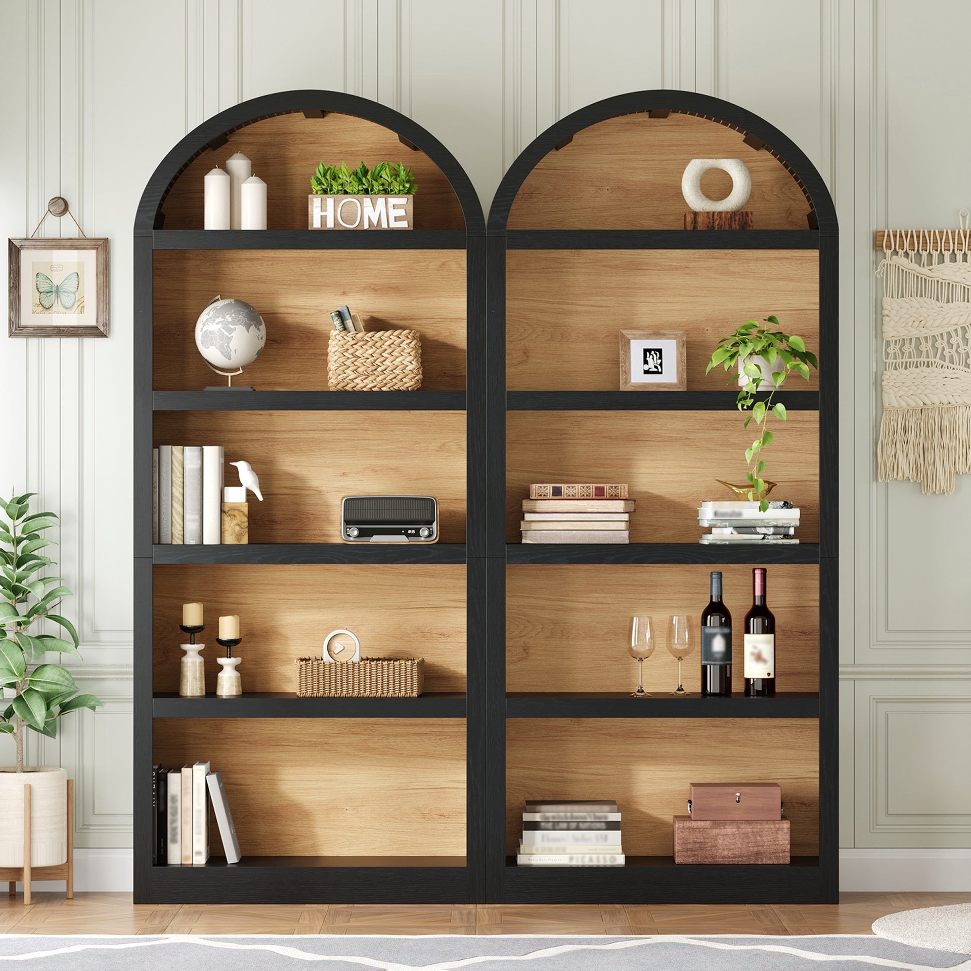 ON-TREND Freestanding Tall Bookshelves Set of 2, Farmhouse Two-Tone Open Storage Cabinet with Fabric Arched Top, 5-Tier Display Bookcase for Living Room, Bedroom, Home Office, Black+Natural