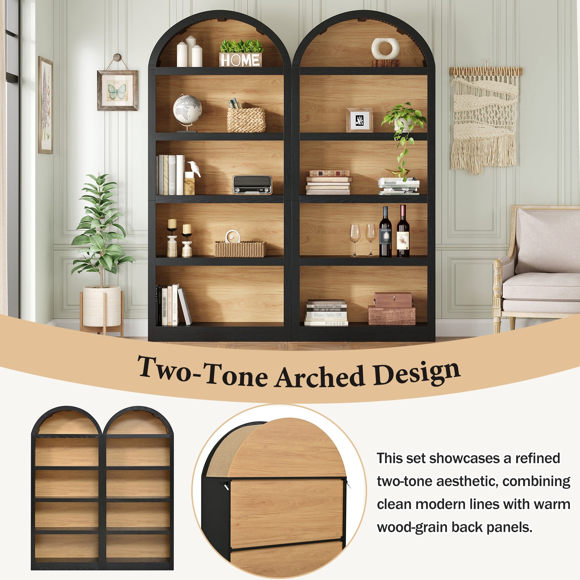 ON-TREND Freestanding Tall Bookshelves Set of 2, Farmhouse Two-Tone Open Storage Cabinet with Fabric Arched Top, 5-Tier Display Bookcase for Living Room, Bedroom, Home Office, Black+Natural