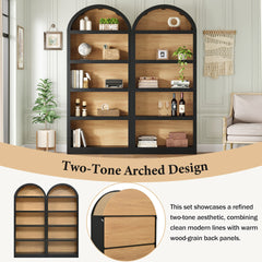ON-TREND Freestanding Tall Bookshelves Set of 2, Farmhouse Two-Tone Open Storage Cabinet with Fabric Arched Top, 5-Tier Display Bookcase for Living Room, Bedroom, Home Office, Black+Natural
