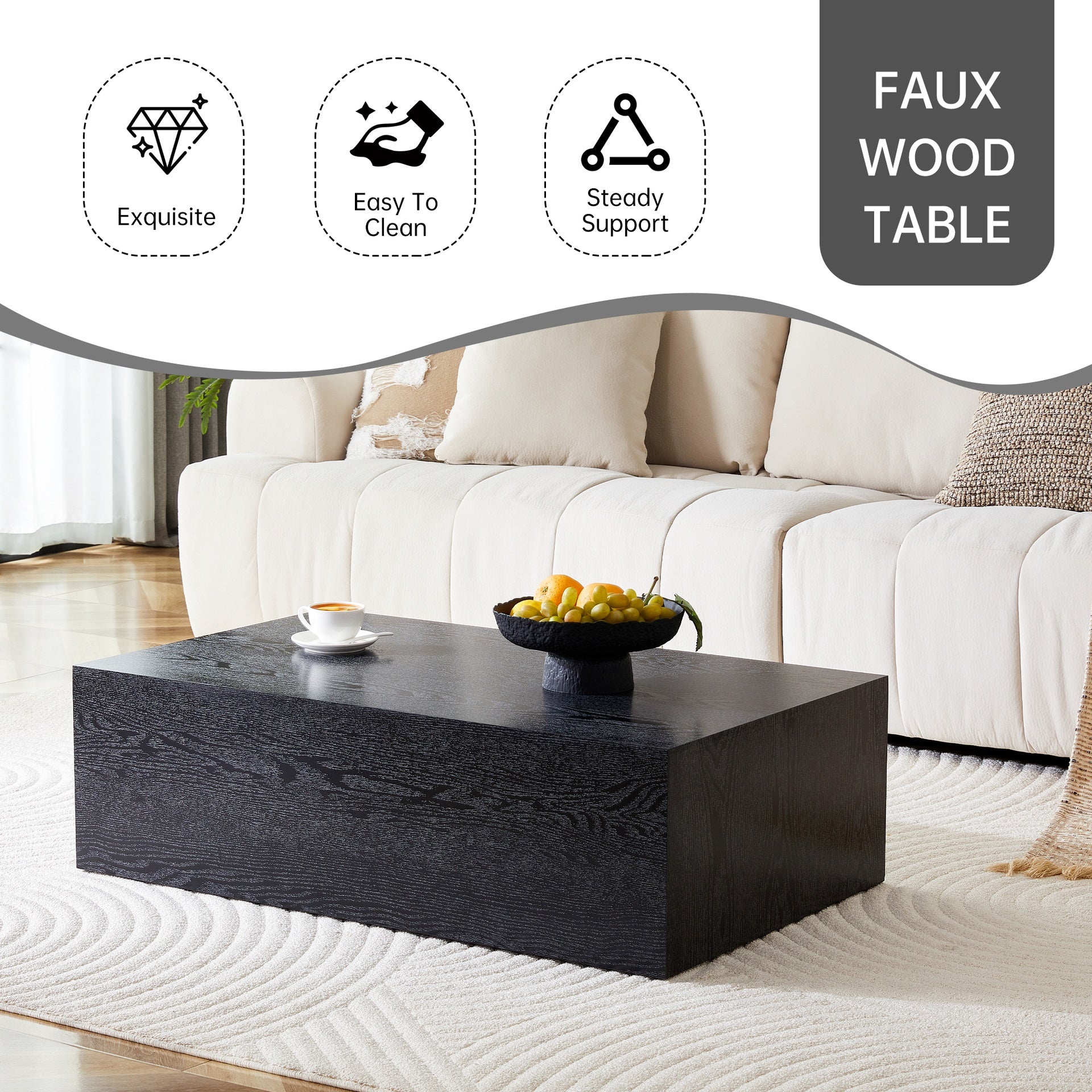 39.3*23.6*11.8 Inch Black Wood Grain MDF Coffee Table - Luxurious Design, Perfect Living Room Accent.Fashion texture design coffee table, suitable for various situations and scenes.W1151P347161