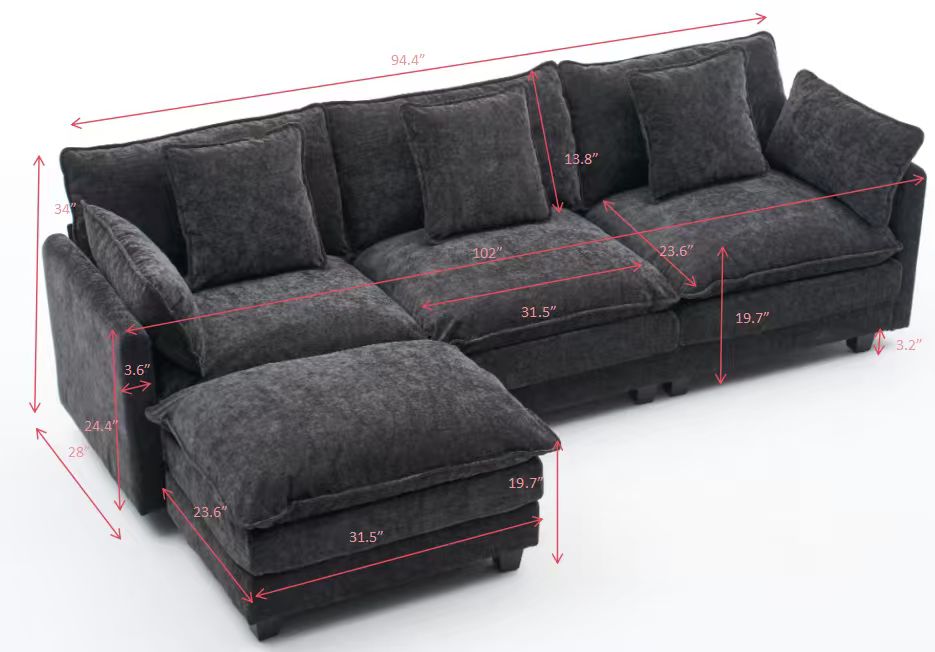 black color  3-seat combo sofa with storage ottoman for living room apartment bedroom and compact room, Upholstered sectional Couch, L Shaped Bench with a footrest