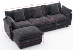 black color  3-seat combo sofa with storage ottoman for living room apartment bedroom and compact room, Upholstered sectional Couch, L Shaped Bench with a footrest