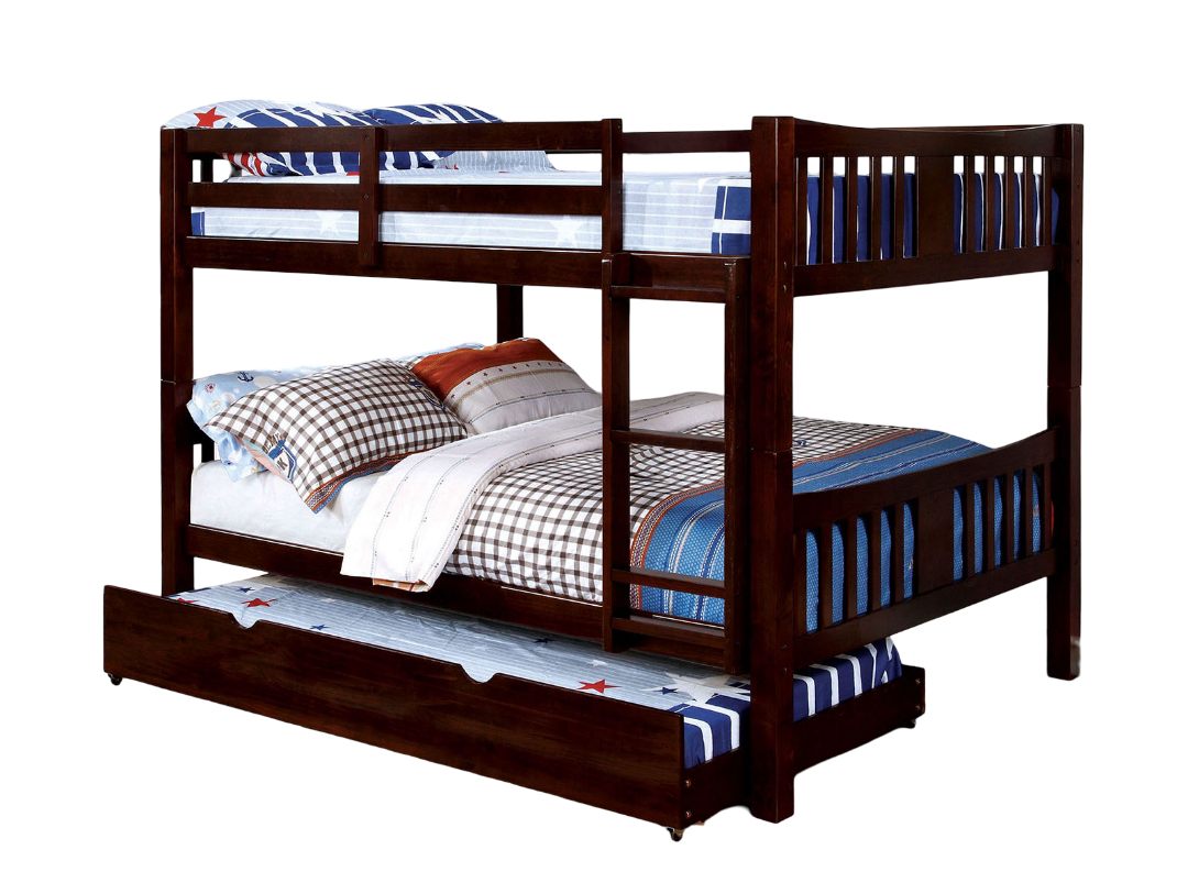 Transitional Style Full Over Full Bunk Bed Attached Ladder Solid Wood Form With Rails And Lock Joint Dark Walnut-Trundle Not Included