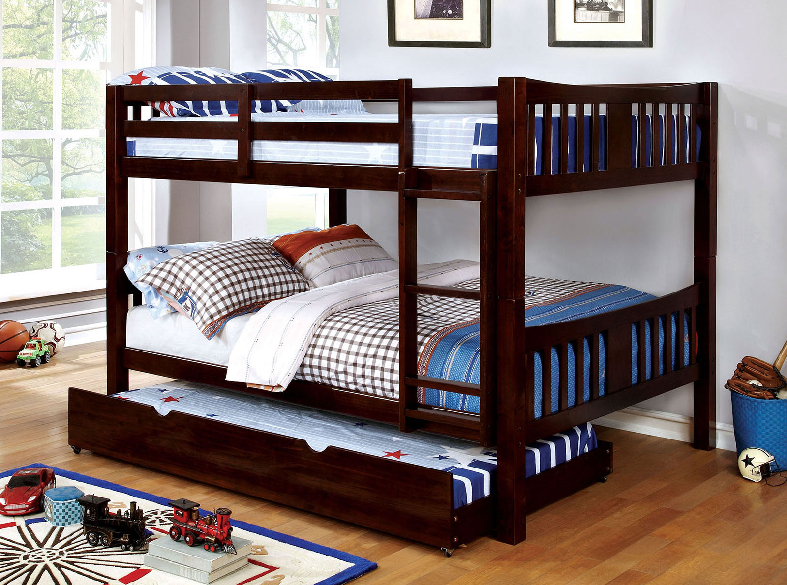 Transitional Style Full Over Full Bunk Bed Attached Ladder Solid Wood Form With Rails And Lock Joint Dark Walnut-Trundle Not Included