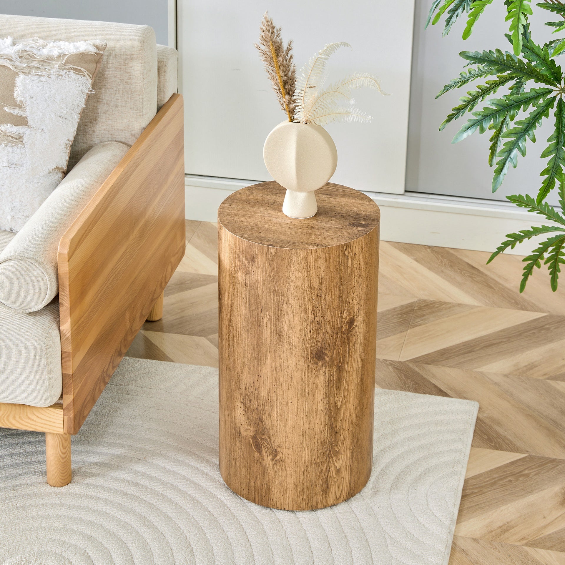 Simple wood grain cylindrical coffee table, 11.8-inch diameter x 21.6 inch height, MDF material living room furniture. Suitable for industrial style living rooms.