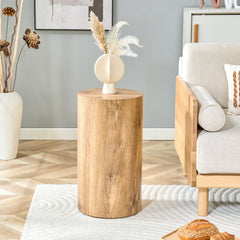 Simple wood grain cylindrical coffee table, 11.8-inch diameter x 21.6 inch height, MDF material living room furniture. Suitable for industrial style living rooms.